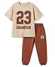 Pine Kids 100% Cotton Knit Half Sleeves T-Shirt and Joggers Set with Text Print - Brown