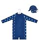 Big Softies Full Sleeves Whale Printed Legged Swimsuit With Cap - Navy Blue