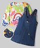 OLLINGTON ST. Cotton Sinker Knit Full Sleeves Top and Denim Pinafore with Abstract Print - White & Navy Blue
