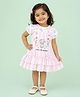 CANDY HOUSE Cotton Woven Half Sleeves Top & Dungaree Style Frock With Kitty Embroidery - Baby Pink