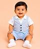 CANDY HOUSE Knitted Half Sleeves Teddy Printed Romper With Attached Waistcoat - Sky Blue