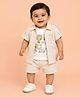CANDY HOUSE Cotton Woven Half Sleeves Striped Shirt & Shorts Set With Bear Printed Tee - Beige