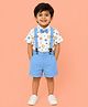 CANDY HOUSE Knitted Knit  Half Sleeves Bear Printed Tee & Shorts With Suspender & Attached Bow - Aqua Blue