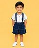 CANDY HOUSE Knitted Knit Half Sleeves Adorable Bow Patch Detailed Tee & Shorts Set With Suspenders - Multi Colour