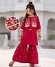 Pine Kids Woven Three Fourth Sleeves Kurti and Sharara with and Floral Embroidery - Maroon