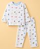 ToffyHouse 100% Cotton Single Jersey Knit Full Sleeves Co-ord T-Shirt & Pajama Night Suit with Turtle Boat Crab Print - White