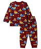Babyhug Cotton Knit Full Sleeves Co-Ords T-Shirt & Pyjama Night Suit with Construction Vehicle & Bear Print - Maroon