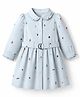 ToffyHouse Cotton Woven Dress and Belt with Full Sleeves and Christmas Theme Embroidery - Light/Sky Blue