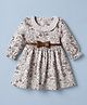ToffyHouse 100% Cotton Knitted One Piece Dress and Belt with Full Sleeves and Floral Print in Offwhite