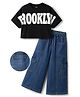OLLINGTON ST. Sinker Cotton Knit Denim Half Sleeves Top and Jeans Set With Brooklyn Text Print - Black