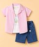 Dapper Dudes Cotton Woven Half Sleeves Striped Shirt With Printed Tee & Shorts - Pink