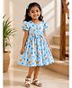 mini miao Blended Woven Half Puffed Sleeves Floral Printed Dress - Blue