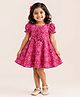 mini miao Blended Woven Half Puffed Sleeves Floral Motifs Printed Dress - Red
