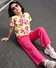 OLLINGTON ST. Single Jersey Cotton Knit Half Sleeves Floral Printed Top & Pant Set - Yellow & Pink