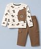 Kids Magic Cotton Knit Woven Full Sleeves T-Shirt and Pant Set With Dinosaur Print - Brown