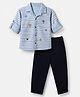Kids Magic Cotton Woven Full Sleeves Shirt and Pant with Full Length and Starfish Embroidery in Blue for 12-18 Months
