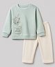 Kids Magic Cotton Knit Full Sleeves T-Shirt and Pant Set With Floral Embroidery - Sea Green