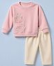 Kids Magic Cotton Knit Full Sleeves T-Shirt and Pant Set With Floral Print & Applique - Pink