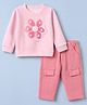 Kids Magic Cotton Knit Full Sleeves Sweatshirt and Pant Winter Set with Floral Print & Applique - Light Pink
