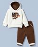 Kids Magic Cotton Knit Full Sleeves Hooded Sweatshirt and Pant with Kangaroo Pockets and Bear Patch - Off White & Brown