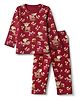 Babyhug 100% Cotton Knit Full Sleeves Co-Ords T-Shirt & Pyjama Night Suit with Deer & Floral Print - Dark Pink