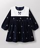 Babyhug Cotton Woven Frock with Full Sleeves and Bow Embroidery in Navy Blue for 6-9 Months