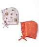 Babyhug 100% Cotton Interlock Knit Frill Baby Caps with Bear & Bow Print Lilac & Rust Orange - Diameter 11.5 cm