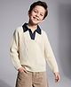 Arias Knit Full Sleeves Pullover With Denim Collar & Cable Knit Design - White