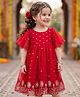 Babyhug Net Woven Ethnic Dress with Half Sleeves and Floral Embroidery - Red