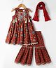 Babyhug Cambric Woven Sleeveless Floral Printed Kurti Sharara and Dupatta Set - Rust