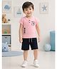 URBAN KOOL Lycra Knit Half Sleeves Camera Printed Tee & Shorts Set - Peach