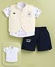MUSHROO Textile Knit Half Sleeves Animal Printed Shirt & Shorts Set With Patch Detailed Jacket - Lemon