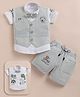 MUSHROO Textile Knit Half Sleeves Animal Printed Shirt & Shorts Set With Striped Jacket -  Green