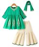 Babyhug Chanderi Woven Three-Fourth Sleeves Kurta & Gharara Set With Dupatta & Floral Embroidery - Green