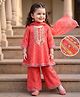 Babyhug Cambric Woven 3/4th Sleeves Flared Kurti and Palazzo Set with Geometric Print - Orange