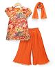 Babyhug Georgett Woven Half Sleeves Kurta & Palazzo Set With Floral Print & Dupatta - Orange