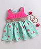 Many frocks & Satin Woven Sleeveless Gota Lace Embellished & Floral Printed Ethnic Dress - Sea Green & Pink