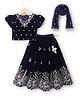 Babyhug Velvet Woven Lehenga Choli and Dupatta Set with Half Sleeves and Trees and Deer Embroidery in Navy Blue for 5-6 Years