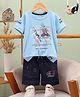 Unfab Cotton Tencel Blend Knit Half Sleeves Typography Printed Tee & Shorts Set - Sky Blue