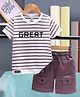 Unfab Cotton Tencel Blend Knit Half Sleeves Great Printed Striped Tee & Shorts Set - Mauve Purple