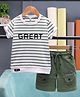 Unfab Cotton Tencel Blend Knit Half Sleeves Great Printed Striped Tee & Shorts Set - Green