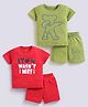 Unfab Interlock Knit Pack Of 2 Half Sleeves Teddy & It Wasnt Me Text Printed Tees & Shorts Set - Olive Green & Red