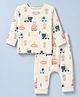 Ollypop Sinker Knit Full Sleeve Co-Ords T-Shirt & Pyjama Night Suit with Bear & Vehicle Print - Cream