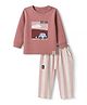 Ollypop Interlock Knit Full Sleeves Tshirt With Car & Text Print & Pant Set - Pink