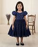 Li&Li BOUTIQUE Fur Woven Half Puffed Sleeves Pearl Embellished & Ruffle Detailed Dress - Navy Blue