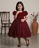 Li&Li BOUTIQUE Fur Woven Half Puffed Sleeves Pearl Embellished & Ruffle Detailed Dress - Wine Red