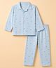 Babyhug Velour Knit Full Sleeves Front Open Woven Co-ord Shirt & Pajama Night Suit with Boat & Fish Print - Light Blue