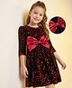 Hola Bonita Knit Velvet Sequined Three-Fourth Sleeves Party Dress With Bow Applique - Red