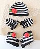 Woonie Handknitted Striped Floral Applique Detailed Cap With Mittens & Booties - Black - Circumference - 32.5 Cm