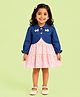 CANDY HOUSE Denim Woven Floral Printed Tiered Dress With Full Sleeves Bow Applique Detailed Shrug - Baby Pink